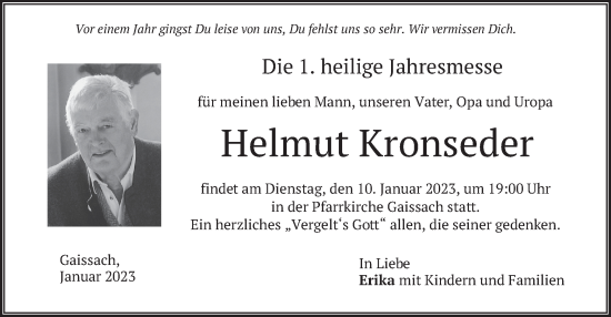 Traueranzeige von Helmut Kronseder von merkurtz