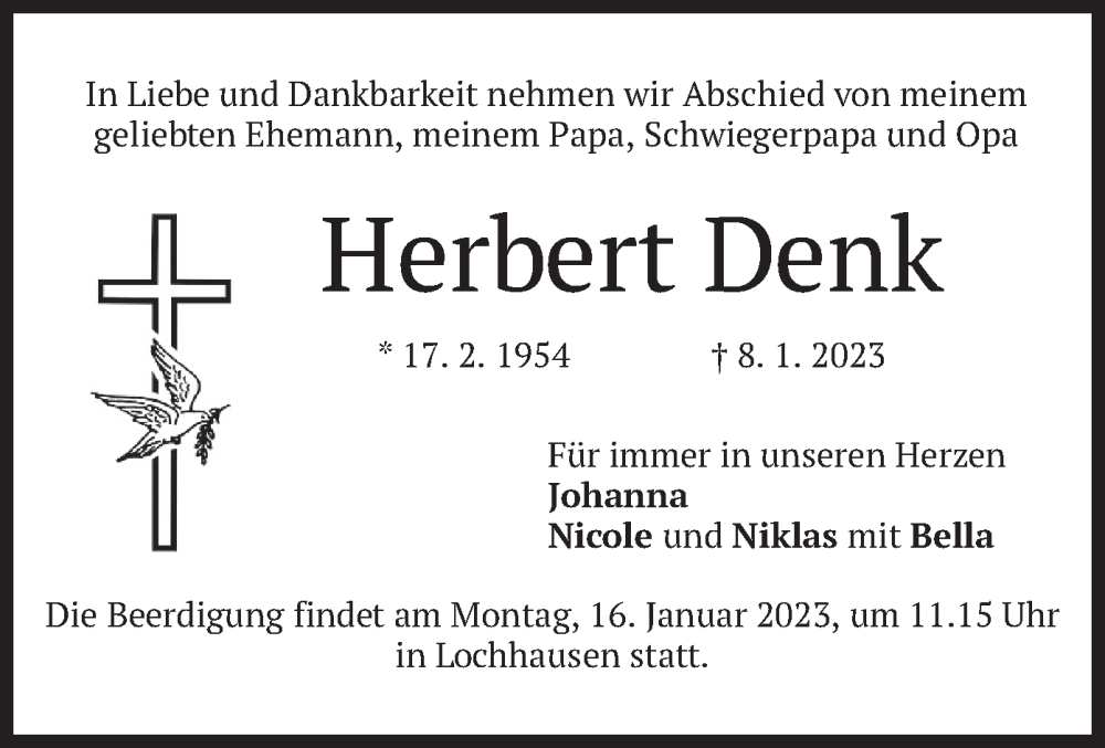  Traueranzeige für Herbert Denk vom 13.01.2023 aus merkurtz