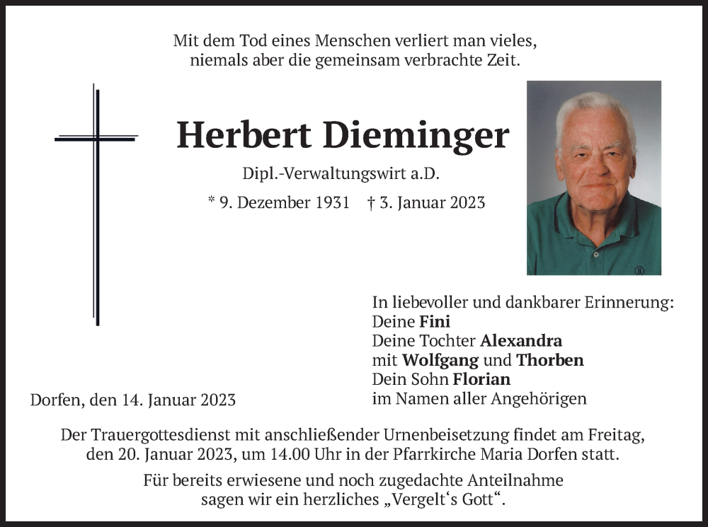  Traueranzeige für Herbert Dieminger vom 14.01.2023 aus merkurtz