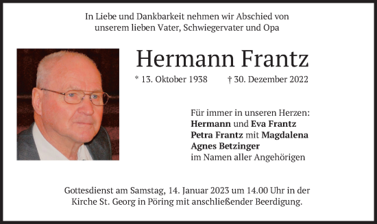 Traueranzeige von Hermann Frantz von merkurtz