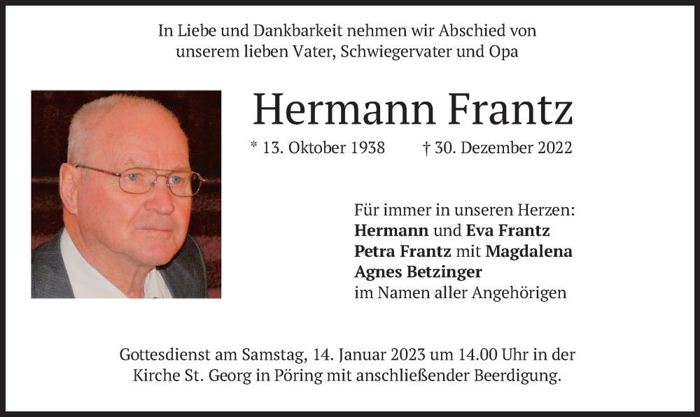 Traueranzeigen von Hermann Frantz | trauer.merkur.de