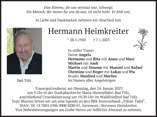 Traueranzeige von Hermann Heimkreiter von merkurtz