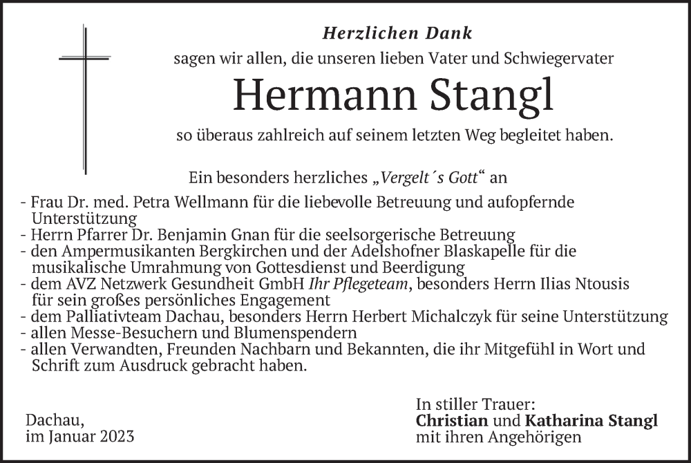  Traueranzeige für Hermann Stangl vom 07.01.2023 aus merkurtz