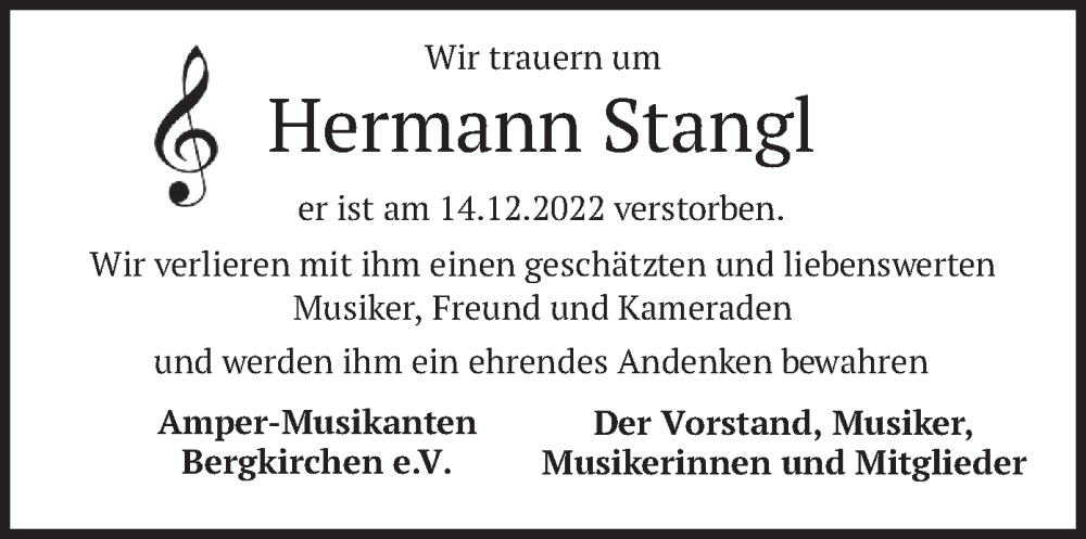  Traueranzeige für Hermann Stangl vom 07.01.2023 aus merkurtz