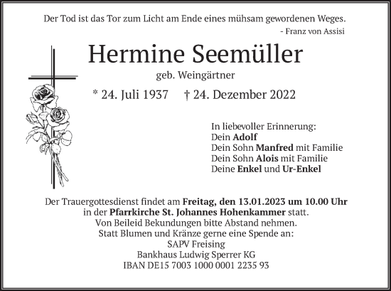 Traueranzeige von Hermine Seemüller von merkurtz