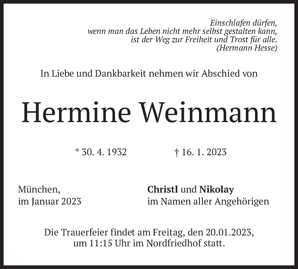  Traueranzeige für Hermine Weinmann vom 19.01.2023 aus merkurtz
