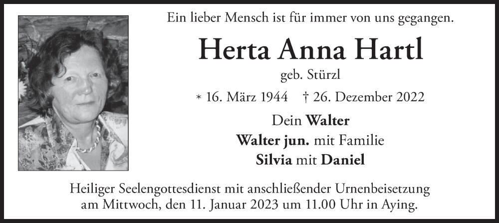  Traueranzeige für Herta Anna Hartl vom 07.01.2023 aus merkurtz