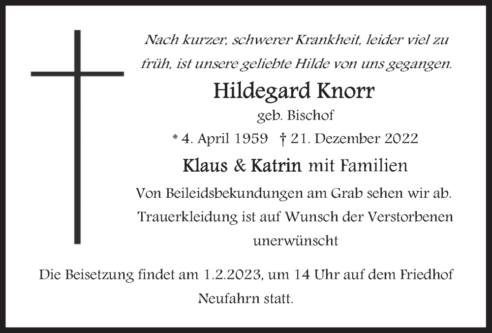  Traueranzeige für Hildegard Knorr vom 28.01.2023 aus merkurtz