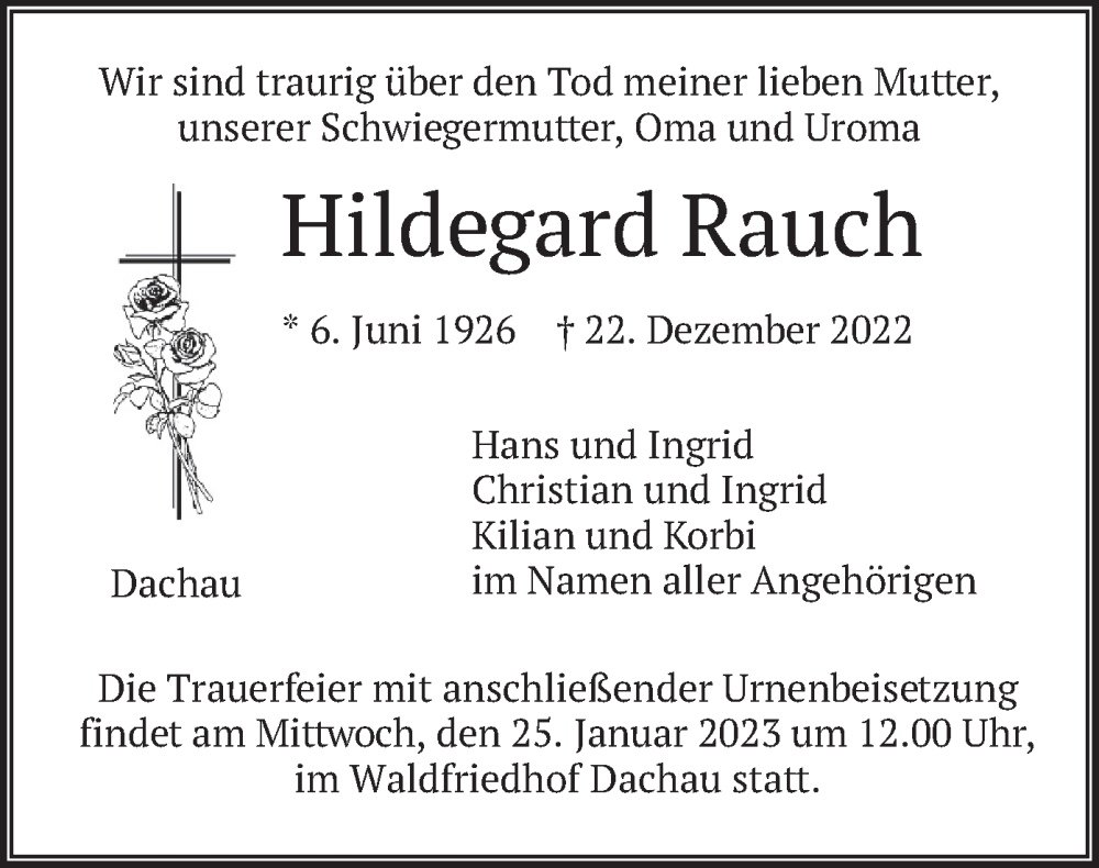  Traueranzeige für Hildegard Rauch vom 21.01.2023 aus merkurtz