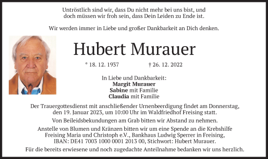 Traueranzeige von Hubert Murauer von merkurtz