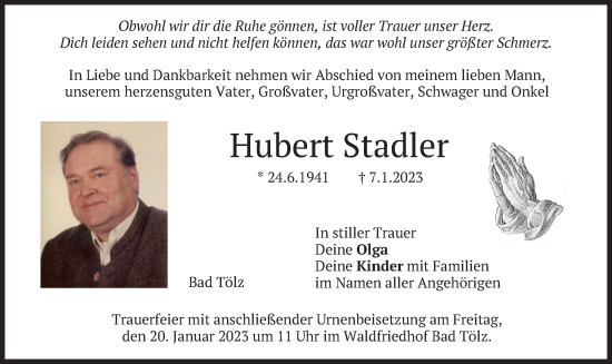 Traueranzeige von Hubert Stadler von merkurtz