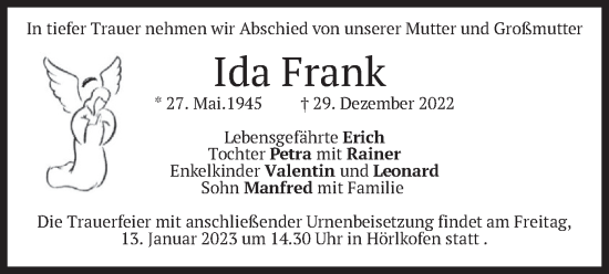 Traueranzeige von Ida Frank von merkurtz