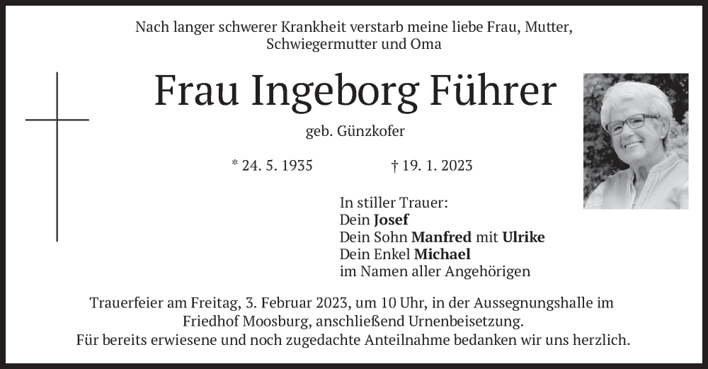  Traueranzeige für Ingeborg Führer vom 31.01.2023 aus merkurtz