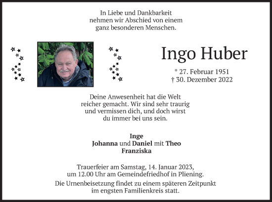 Traueranzeige von Ingo Huber von merkurtz