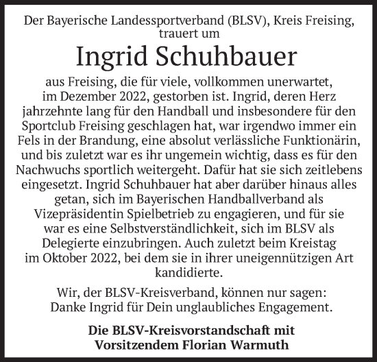 Traueranzeige von Ingrid Schuhbauer von merkurtz