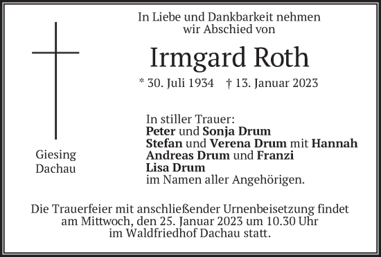 Traueranzeige von Irmgard Roth von merkurtz