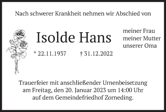 Traueranzeige von Isolde Hans von merkurtz