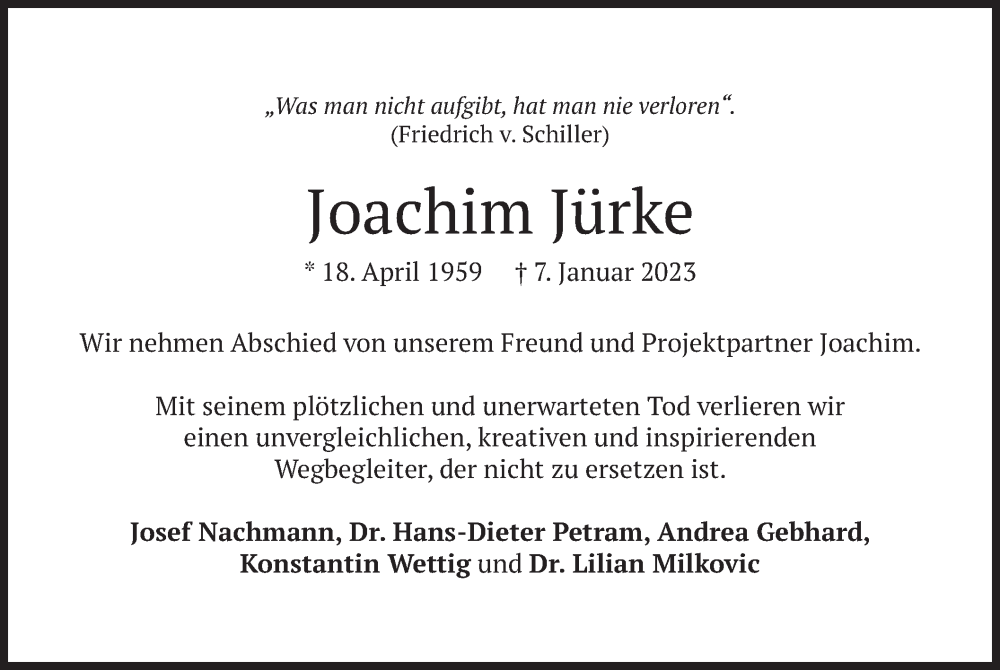 Traueranzeigen von Joachim Jürke trauer.merkur.de