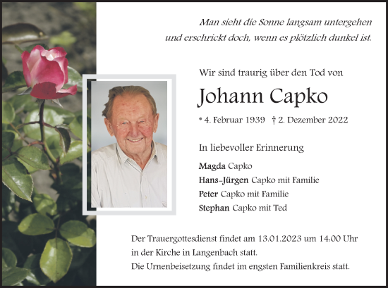 Traueranzeige von Johann Capko von merkurtz
