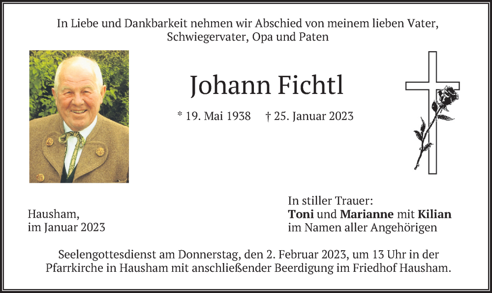  Traueranzeige für Johann Fichtl vom 28.01.2023 aus merkurtz