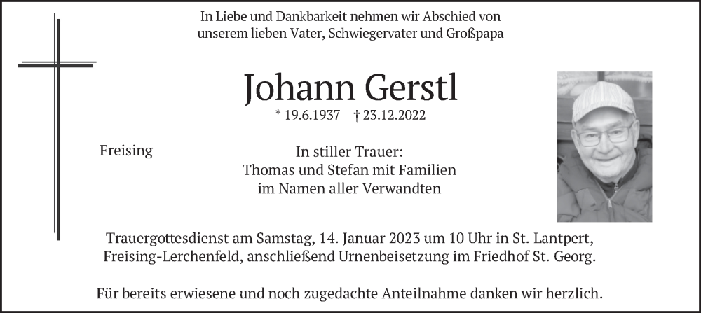  Traueranzeige für Johann Gerstl vom 05.01.2023 aus merkurtz