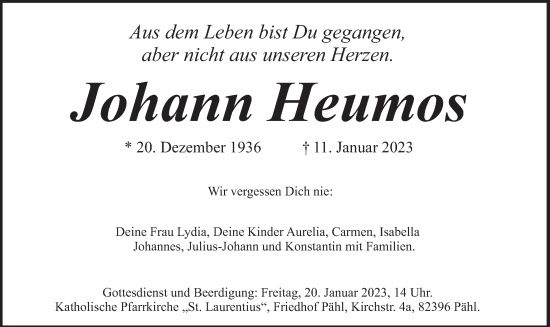 Traueranzeige von Johann Heumos von merkurtz