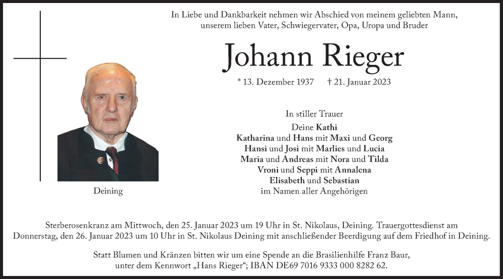  Traueranzeige für Johann Rieger vom 24.01.2023 aus merkurtz