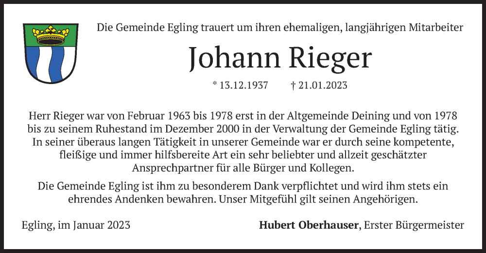  Traueranzeige für Johann Rieger vom 27.01.2023 aus merkurtz
