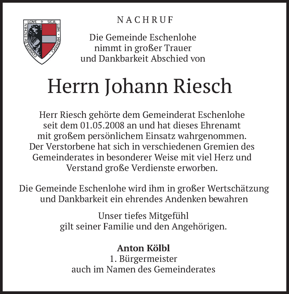  Traueranzeige für Johann Riesch vom 10.01.2023 aus merkurtz