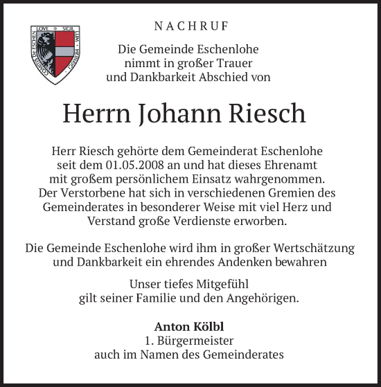 Traueranzeige von Johann Riesch von merkurtz