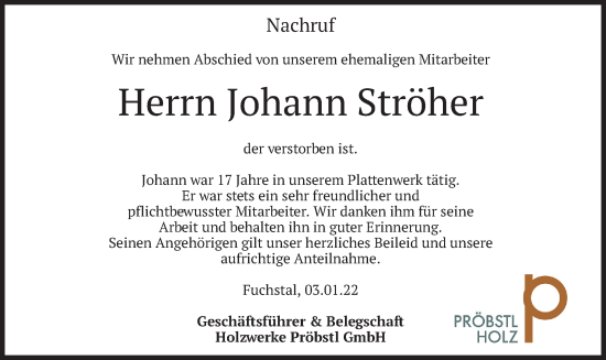 Traueranzeige von Johann Ströher von merkurtz