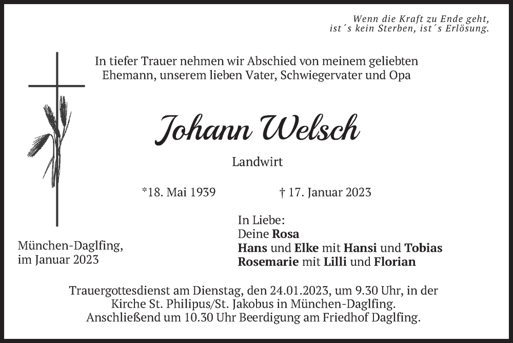  Traueranzeige für Johann Welsch vom 21.01.2023 aus merkurtz