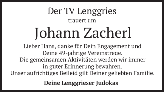 Traueranzeige von Johann Zacherl von merkurtz