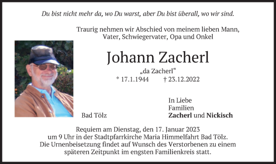 Traueranzeige von Johann Zacherl von merkurtz