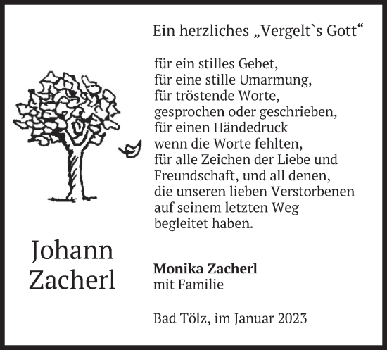 Traueranzeige von Johann Zacherl von merkurtz