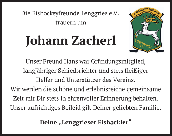 Traueranzeige von Johann Zacherl von merkurtz