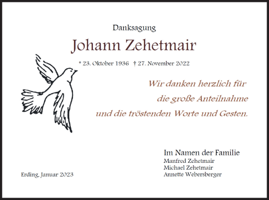Traueranzeige von Johann Zehetmair von merkurtz