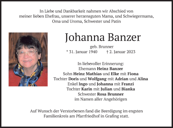 Traueranzeige von Johanna Banzer von merkurtz