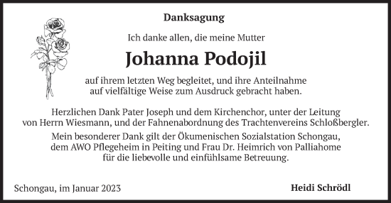 Traueranzeige von Johanna Podojil von merkurtz