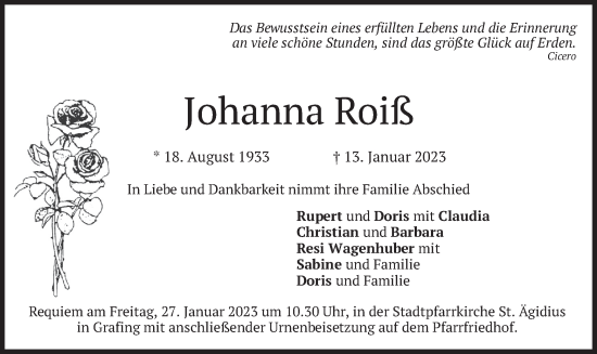 Traueranzeige von Johanna Roiß von merkurtz