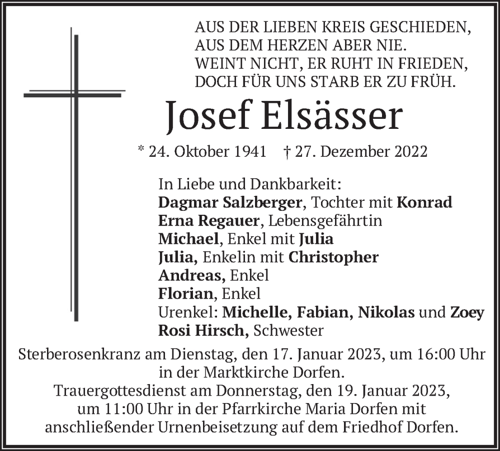  Traueranzeige für Josef Elsässer vom 14.01.2023 aus merkurtz