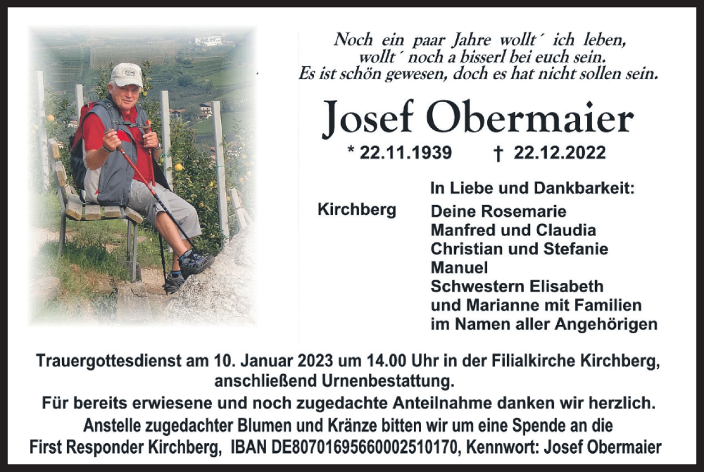  Traueranzeige für Josef Obermaier vom 05.01.2023 aus merkurtz