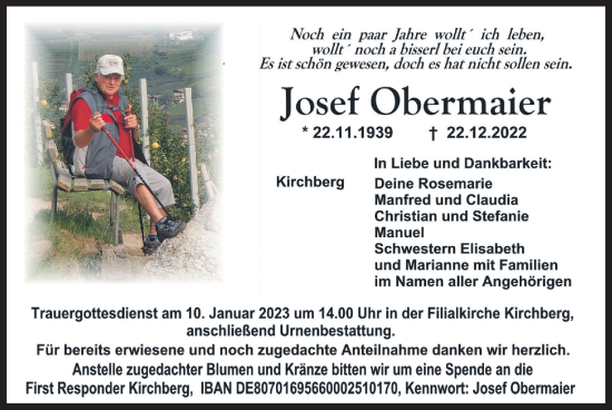 Traueranzeige von Josef Obermaier von merkurtz