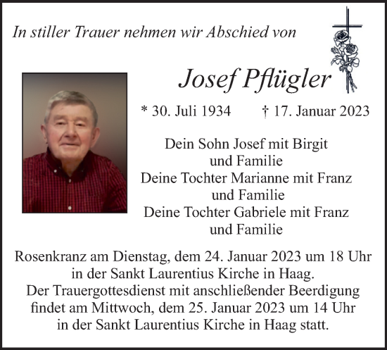 Traueranzeige von Josef Pflügler von merkurtz