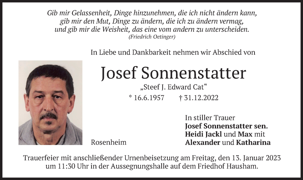  Traueranzeige für Josef Sonnenstatter vom 11.01.2023 aus merkurtz