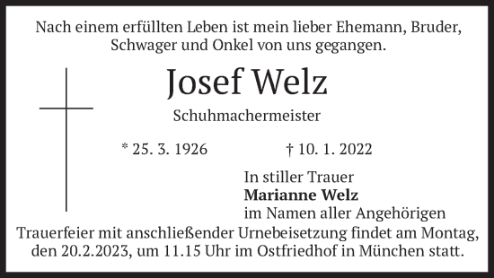 Traueranzeige von Josef Welz von merkurtz