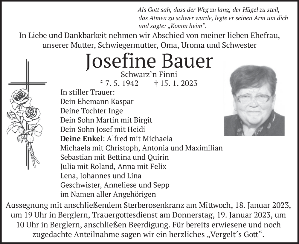  Traueranzeige für Josefine Bauer vom 17.01.2023 aus merkurtz
