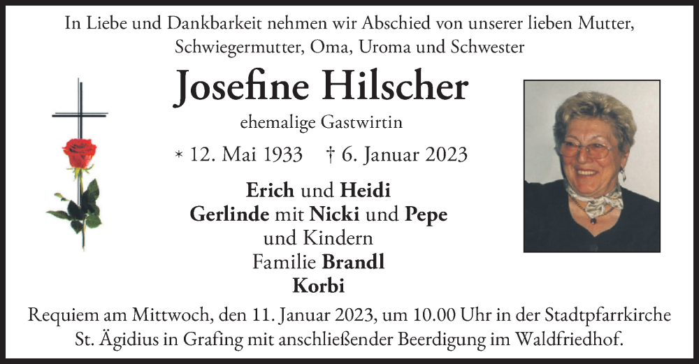  Traueranzeige für Josefine Hilscher vom 09.01.2023 aus merkurtz