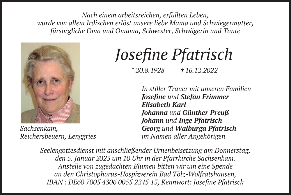  Traueranzeige für Josefine Pfatrisch vom 03.01.2023 aus merkurtz