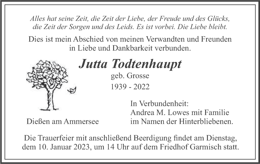  Traueranzeige für Jutta Todtenhaupt vom 07.01.2023 aus merkurtz